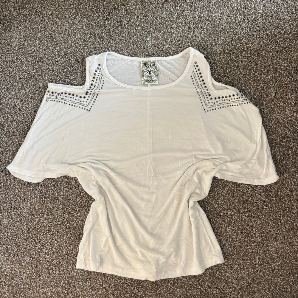 Vocal Rhinestone Cold Shoulder Dolman Top White Studded Y2K Boho Blouse